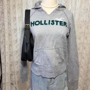 Vintage Y2K Hollister Grey Hoodie Pullover Womens XS/S Patchwork‎ Letters Preppy